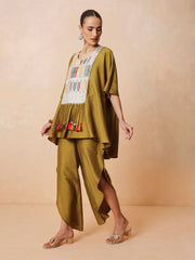 Women Mustard Embroidered Patch Kaftan With Tulip Pants