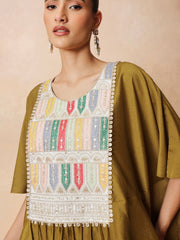 Women Mustard Embroidered Patch Kaftan With Tulip Pants