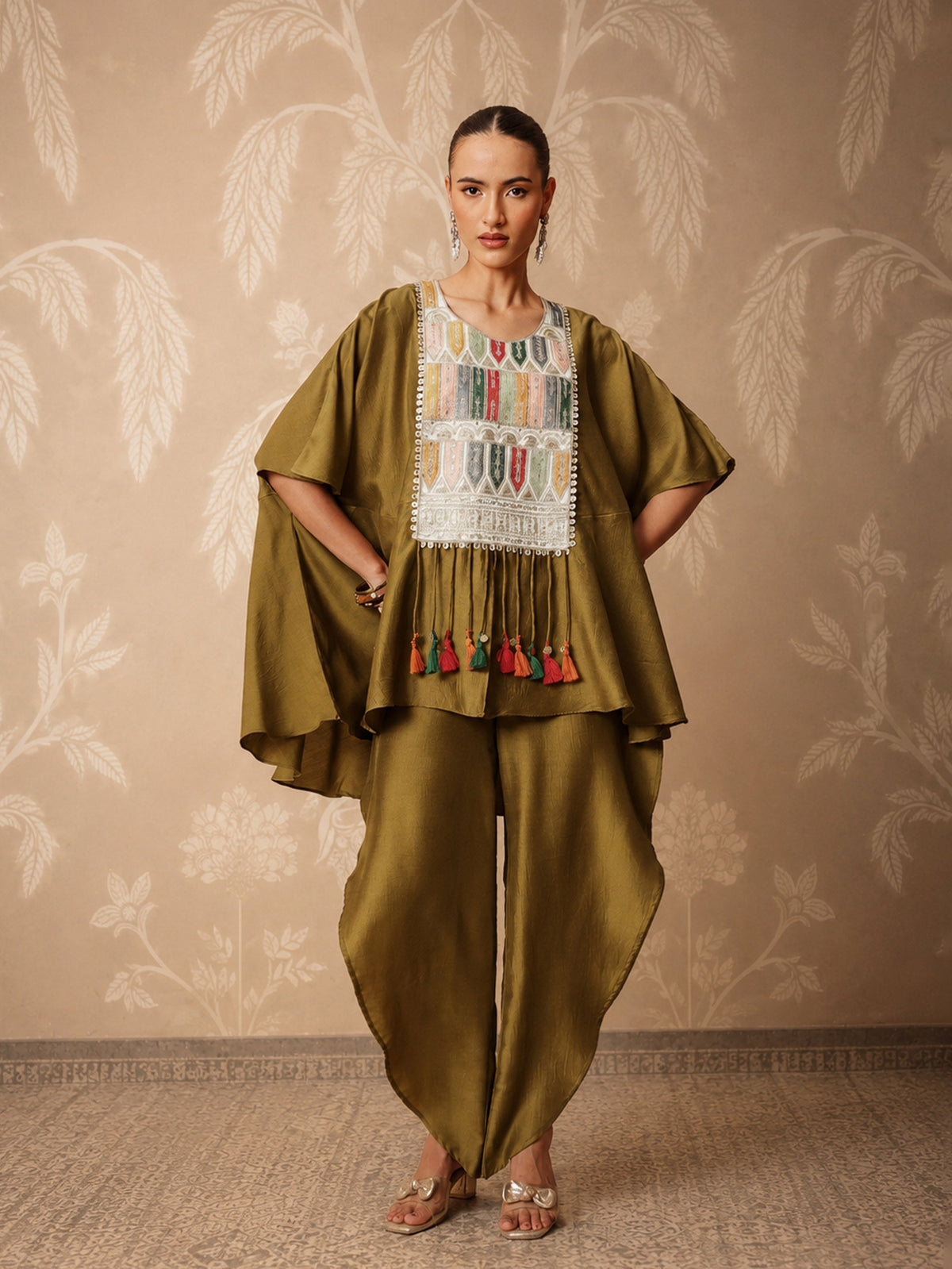 Women Mustard Embroidered Patch Kaftan With Tulip Pants
