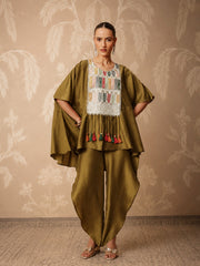 Women Mustard Embroidered Patch Kaftan With Tulip Pants