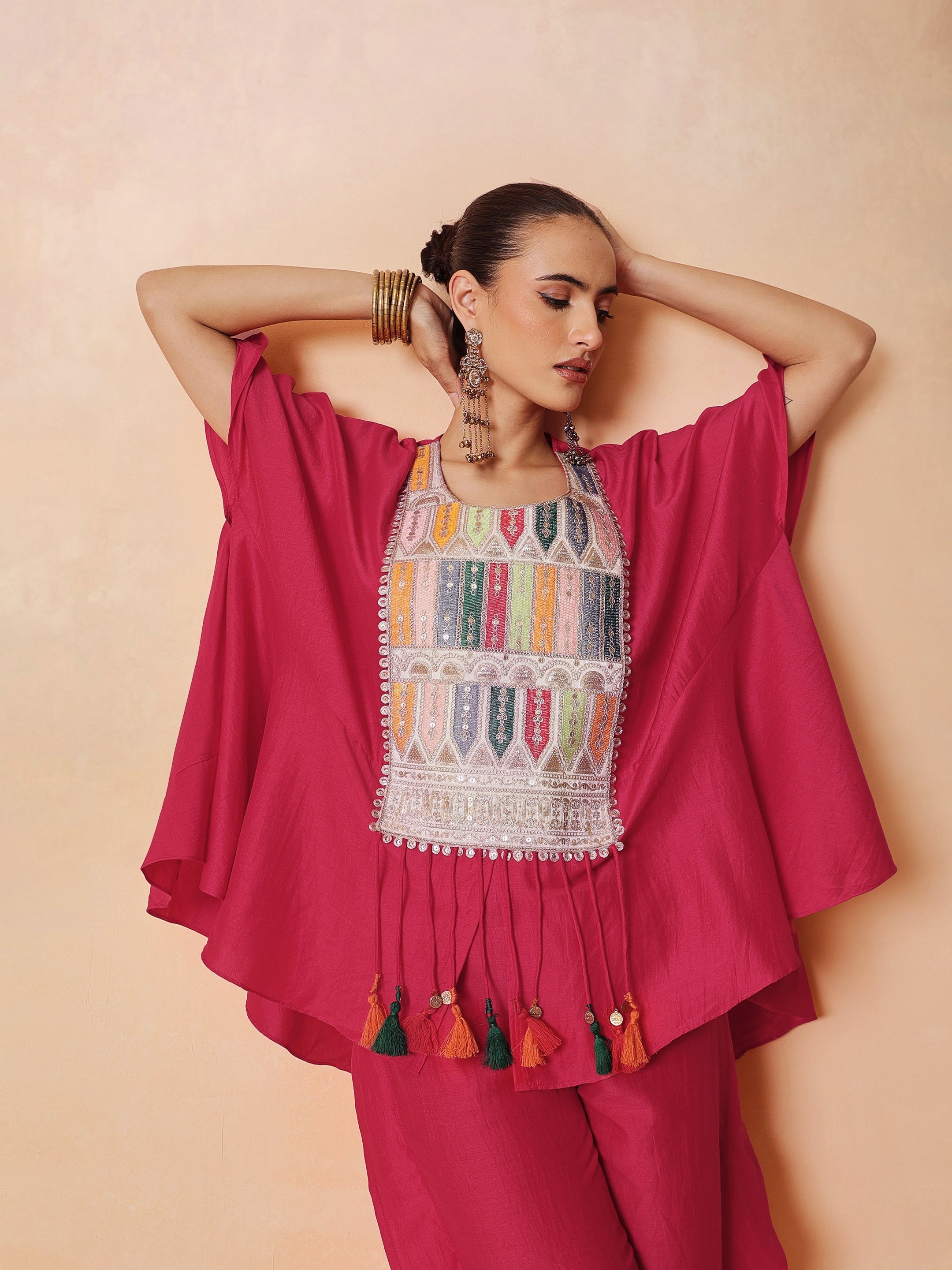 DesiQlo Fuchsia Embroidered Patch Kaftan With Tulip Pants - Fuchs