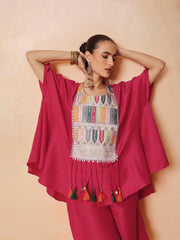 Women Fuchsia Embroidered Patch Kaftan With Tulip Pants