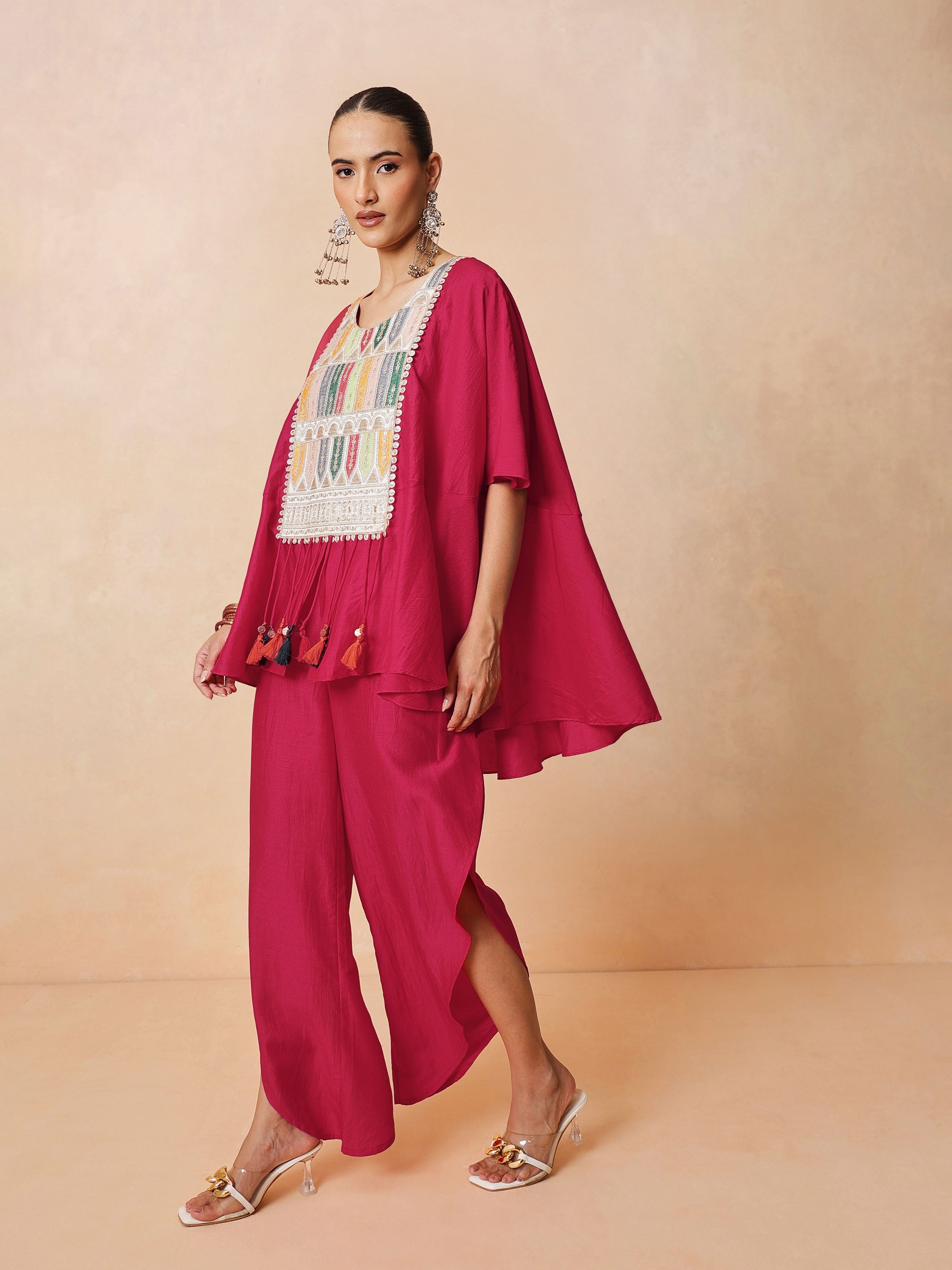 DesiQlo Fuchsia Embroidered Patch Kaftan With Tulip Pants - Fuchs