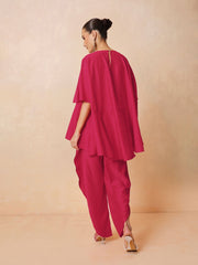 Women Fuchsia Embroidered Patch Kaftan With Tulip Pants