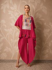 Women Fuchsia Embroidered Patch Kaftan With Tulip Pants