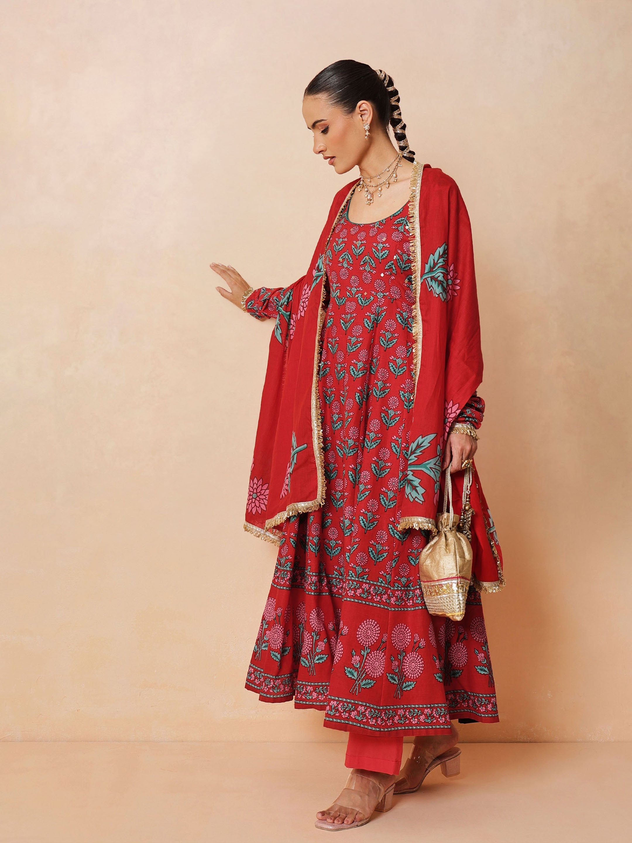 DesiQlo Red Floral Anarkali Kurta With Pencil Pants & Dupatta - R