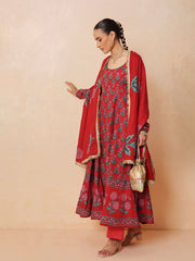 Women Red Floral Anarkali Kurta With Pencil Pants & Dupatta