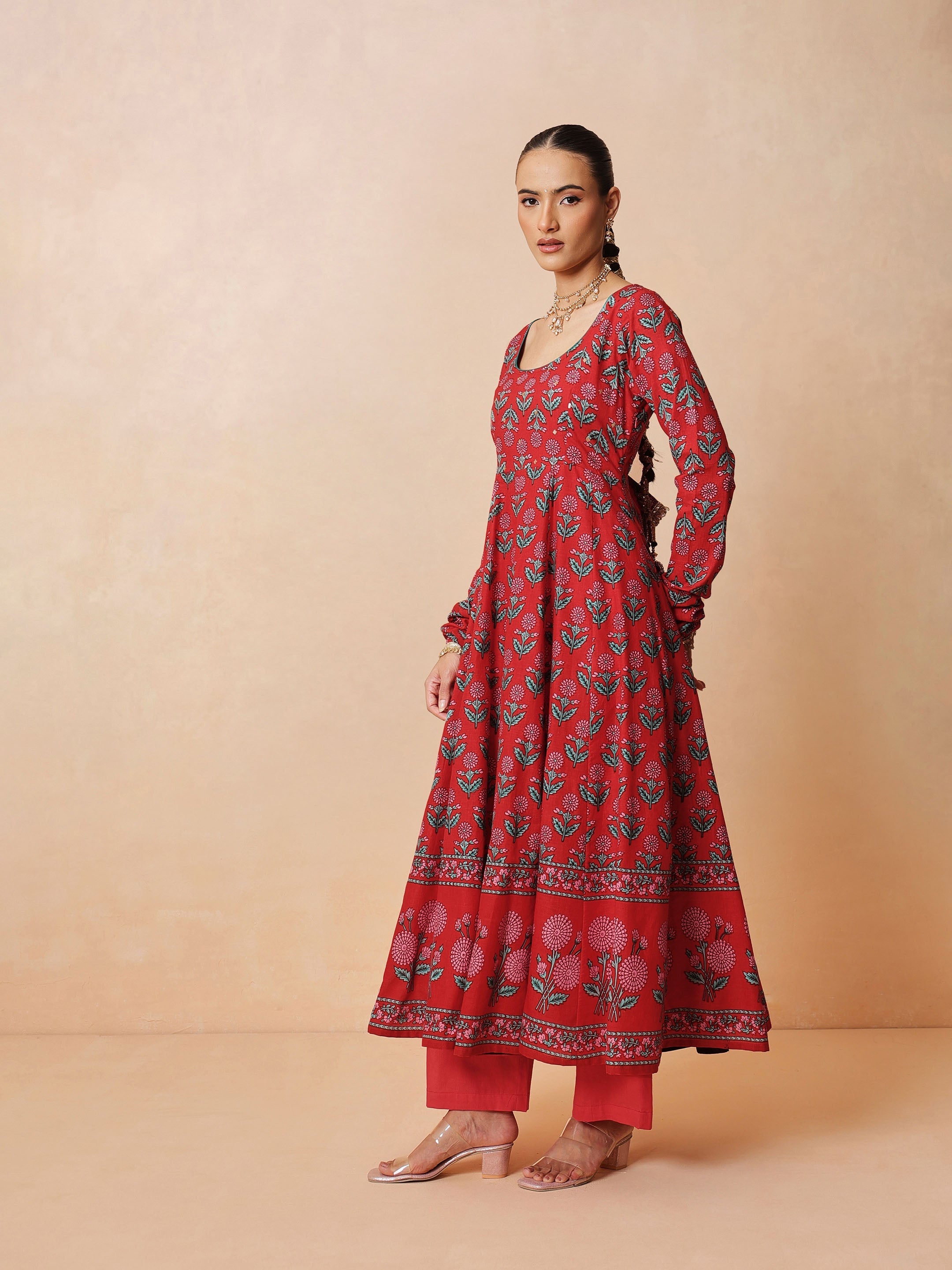 DesiQlo Red Floral Anarkali Kurta With Pencil Pants & Dupatta - R