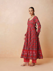 Women Red Floral Anarkali Kurta With Pencil Pants & Dupatta