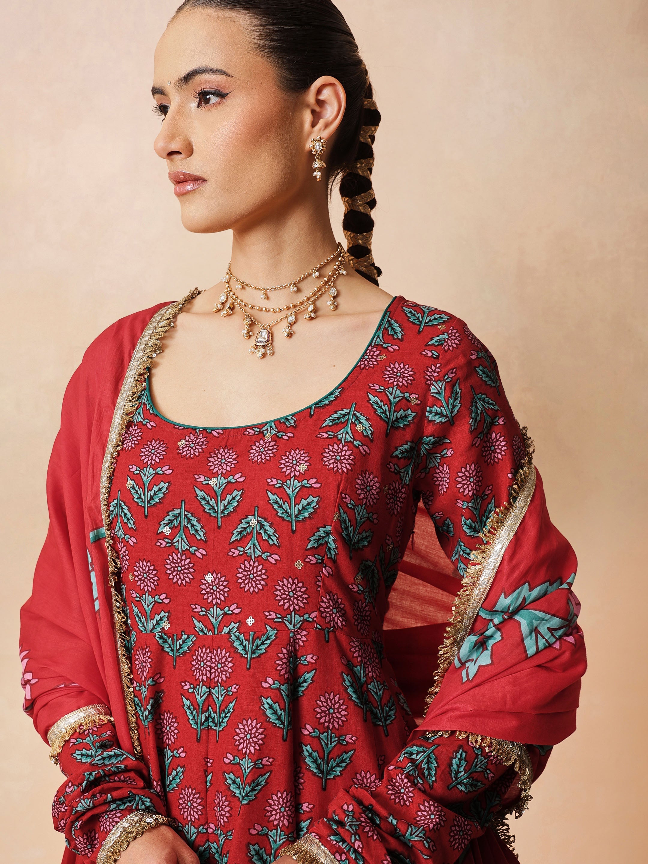 DesiQlo Red Floral Anarkali Kurta With Pencil Pants & Dupatta - R
