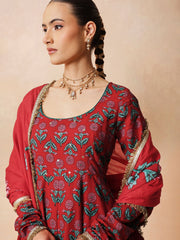 Women Red Floral Anarkali Kurta With Pencil Pants & Dupatta