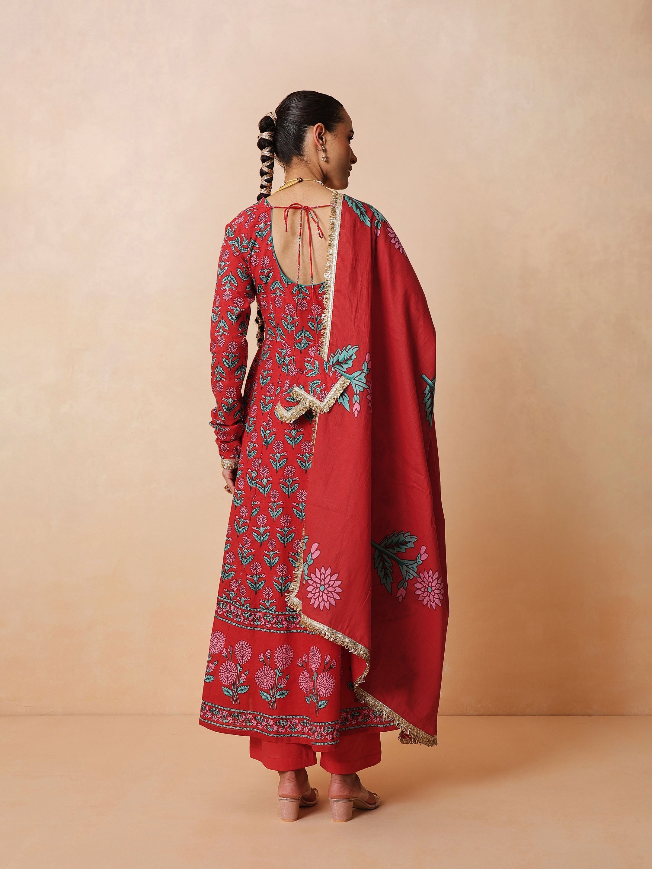 DesiQlo Red Floral Anarkali Kurta With Pencil Pants & Dupatta - R