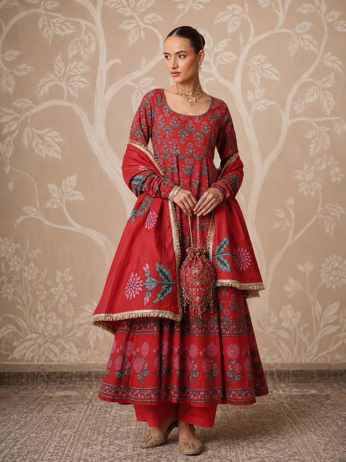 Women Red Floral Anarkali Kurta With Pencil Pants & Dupatta