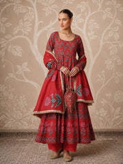 Women Red Floral Anarkali Kurta With Pencil Pants & Dupatta