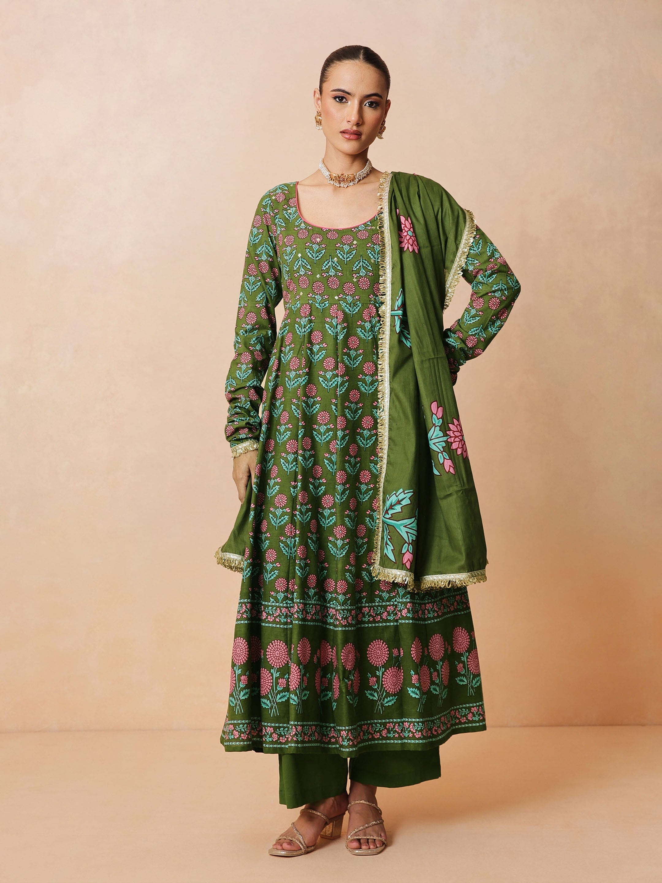 DesiQlo Olive Floral Anarkali Kurta With Pencil Pants & Dupatta -