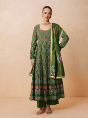 Women Olive Floral Anarkali Kurta With Pencil Pants & Dupatta