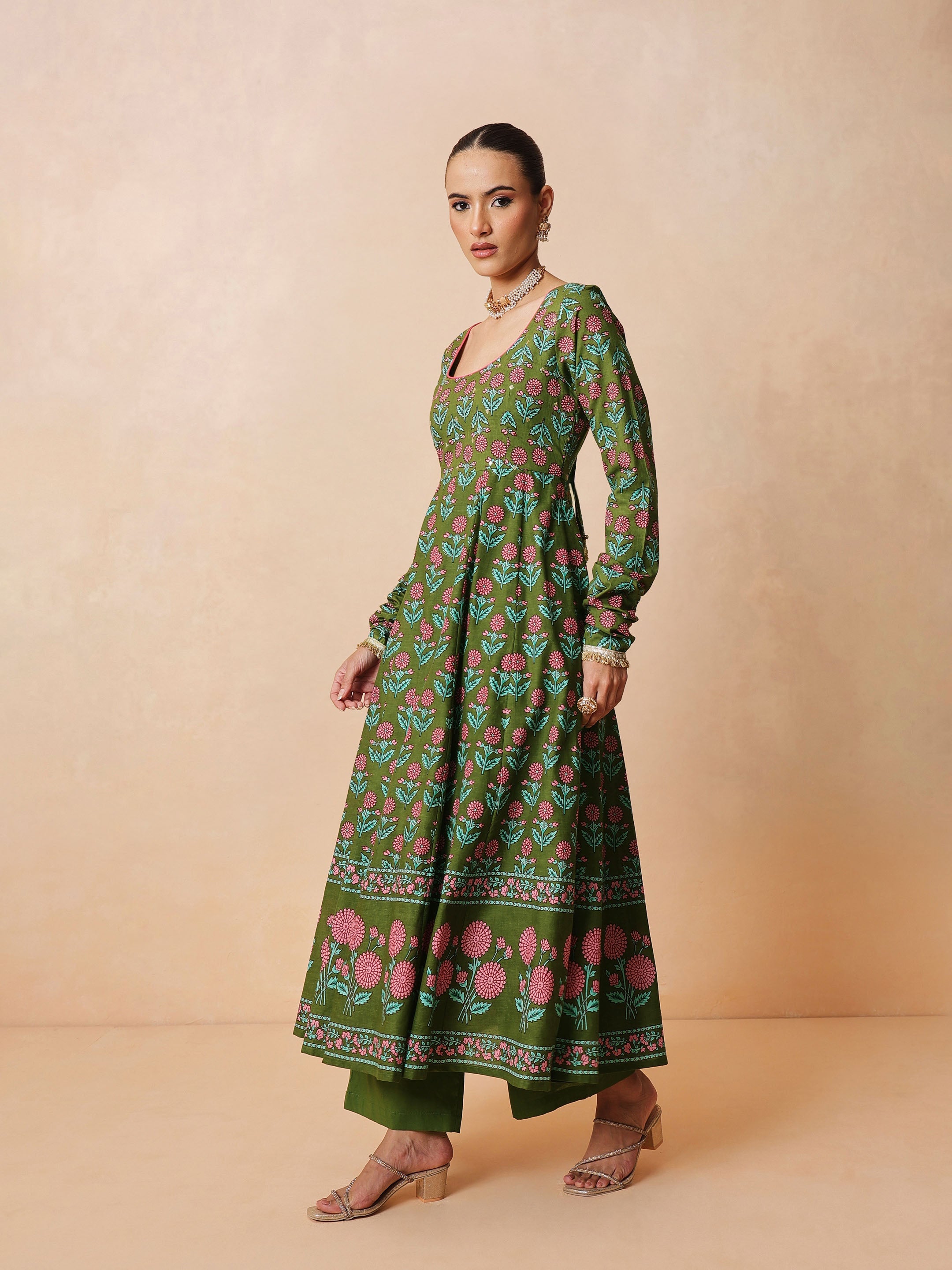 DesiQlo Olive Floral Anarkali Kurta With Pencil Pants & Dupatta -