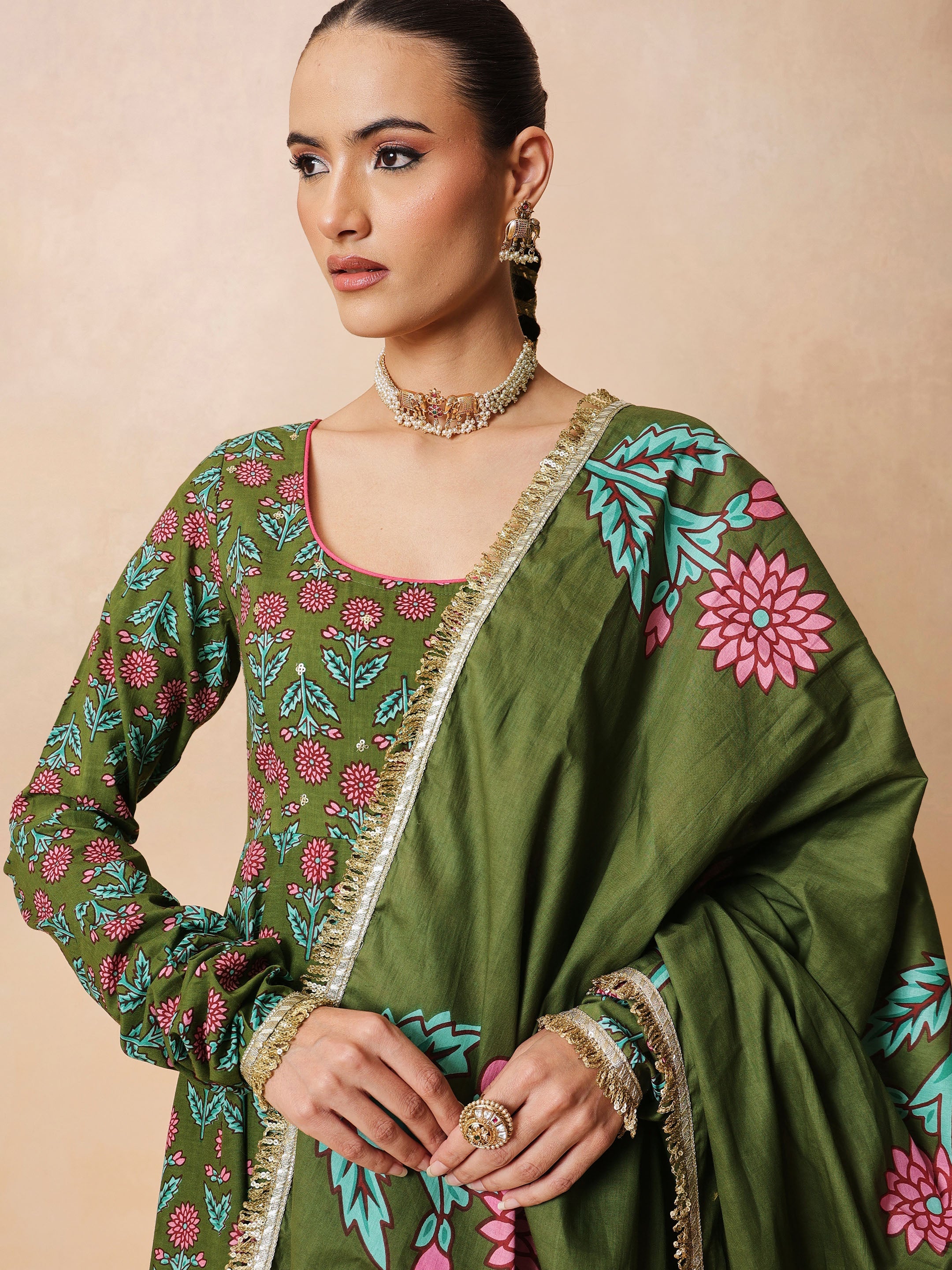 DesiQlo Olive Floral Anarkali Kurta With Pencil Pants & Dupatta -