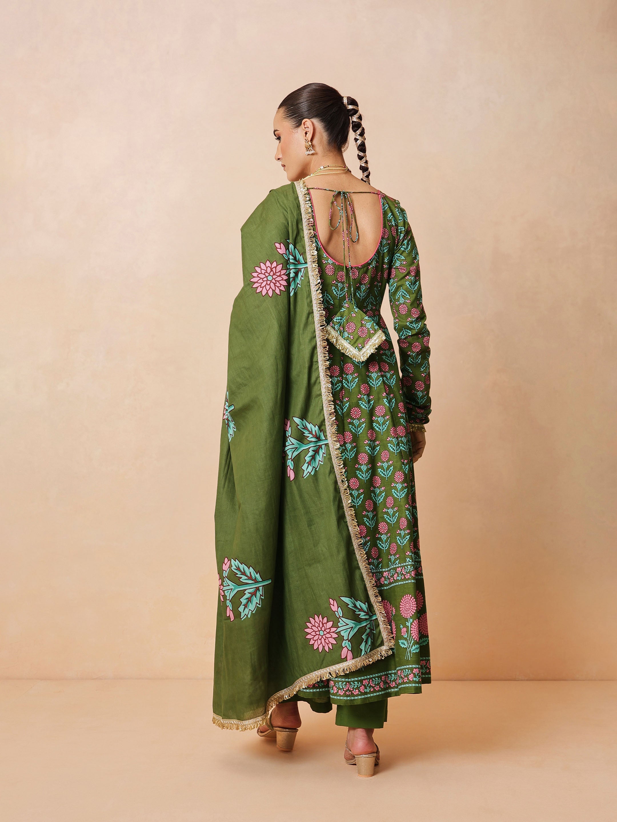DesiQlo Olive Floral Anarkali Kurta With Pencil Pants & Dupatta -
