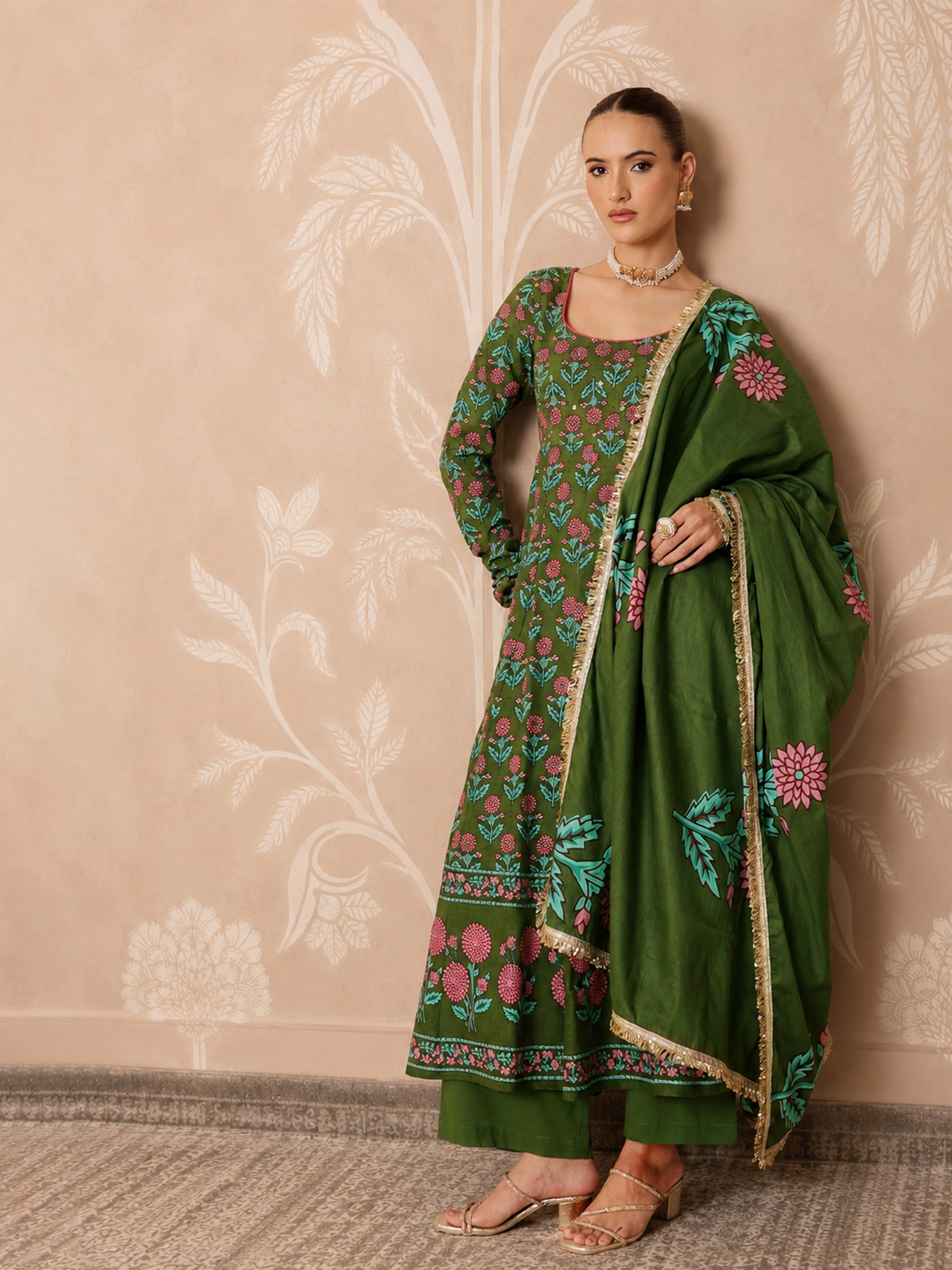 DesiQlo Olive Floral Anarkali Kurta With Pencil Pants & Dupatta -
