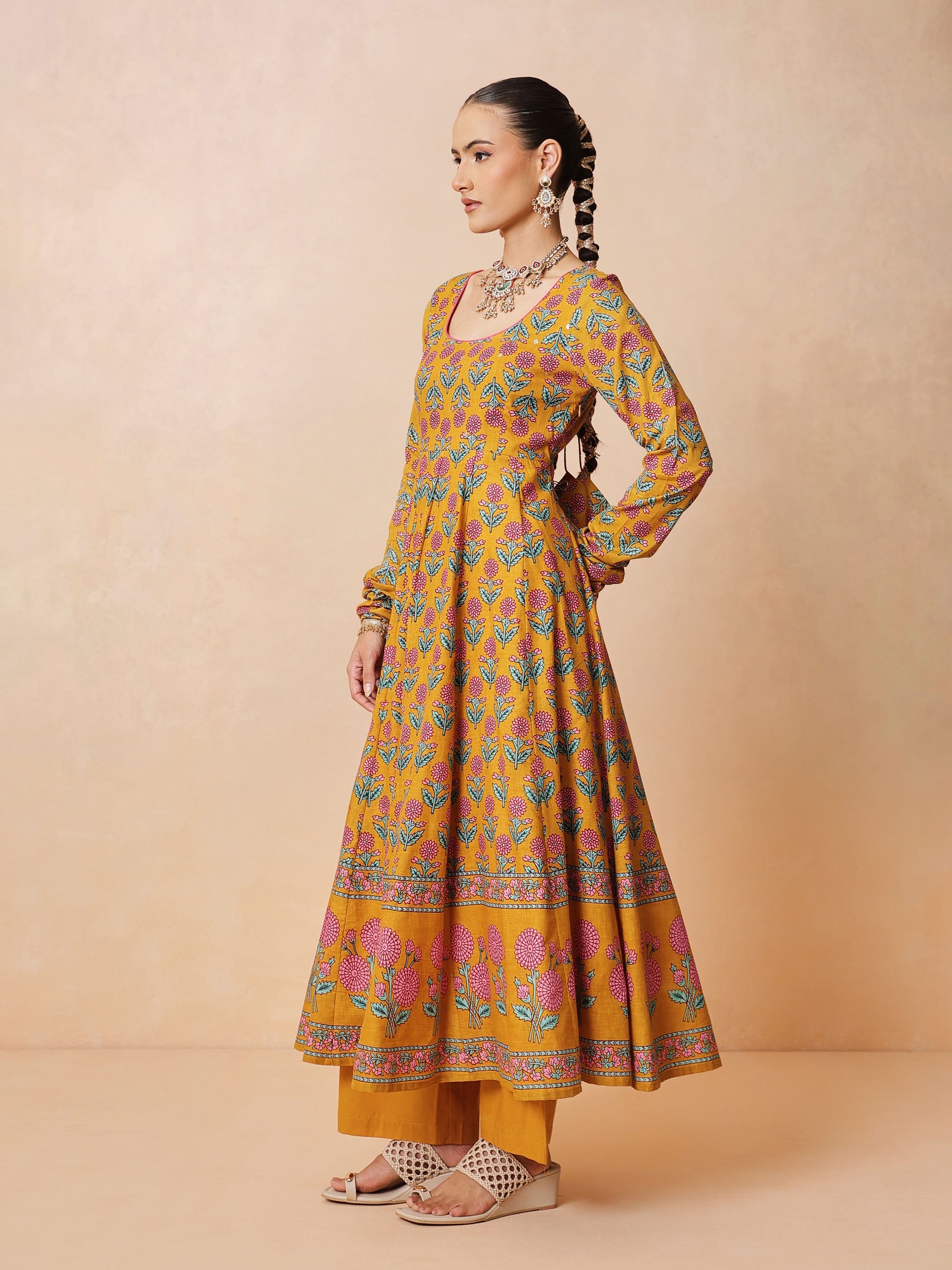 DesiQlo Yellow Floral Cotton Anarkali Kurta With Pencil Pants & D