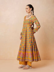 Women Yellow Floral Cotton Anarkali Kurta With Pencil Pants & Dupatta