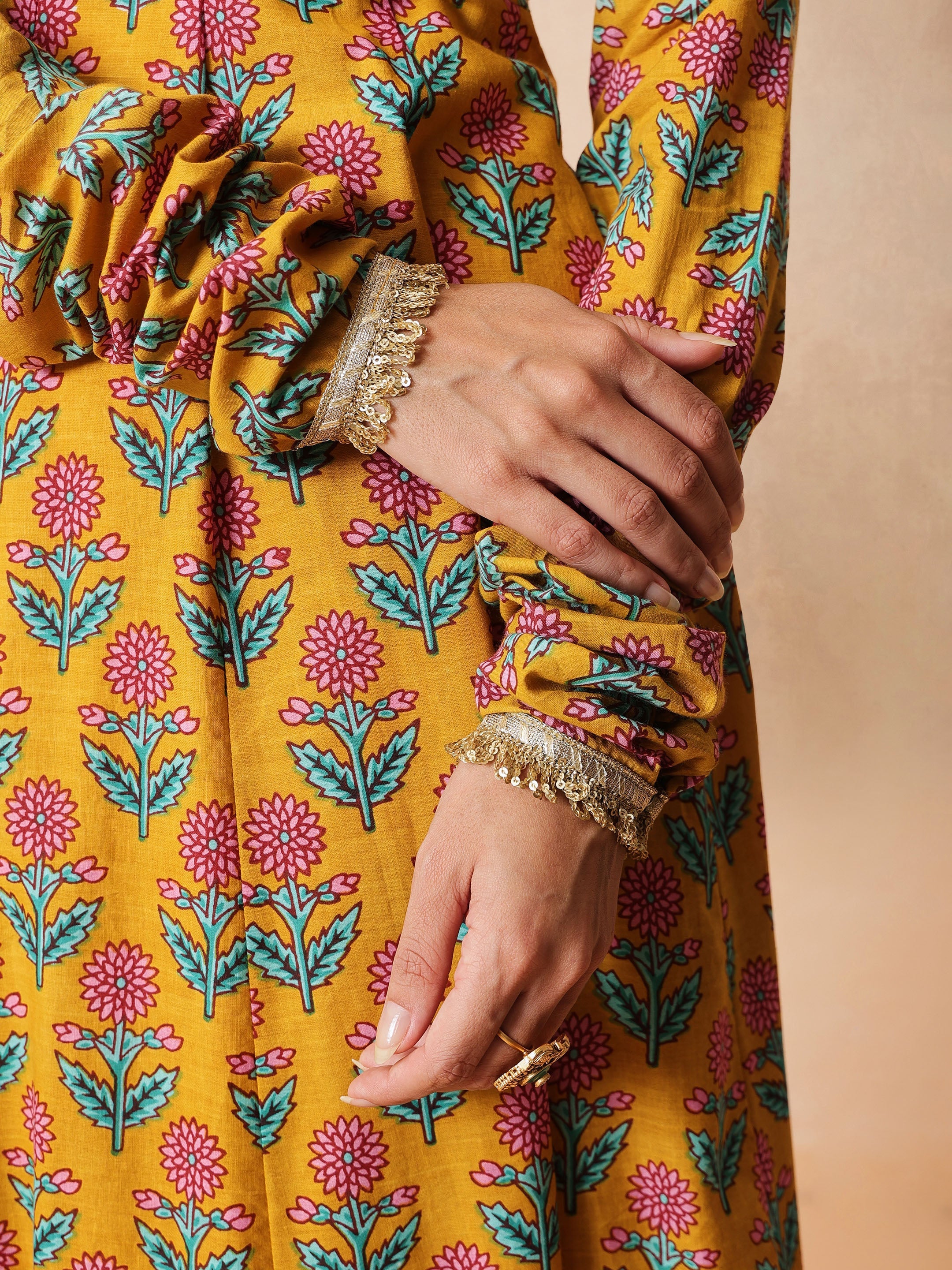 DesiQlo Yellow Floral Cotton Anarkali Kurta With Pencil Pants & D