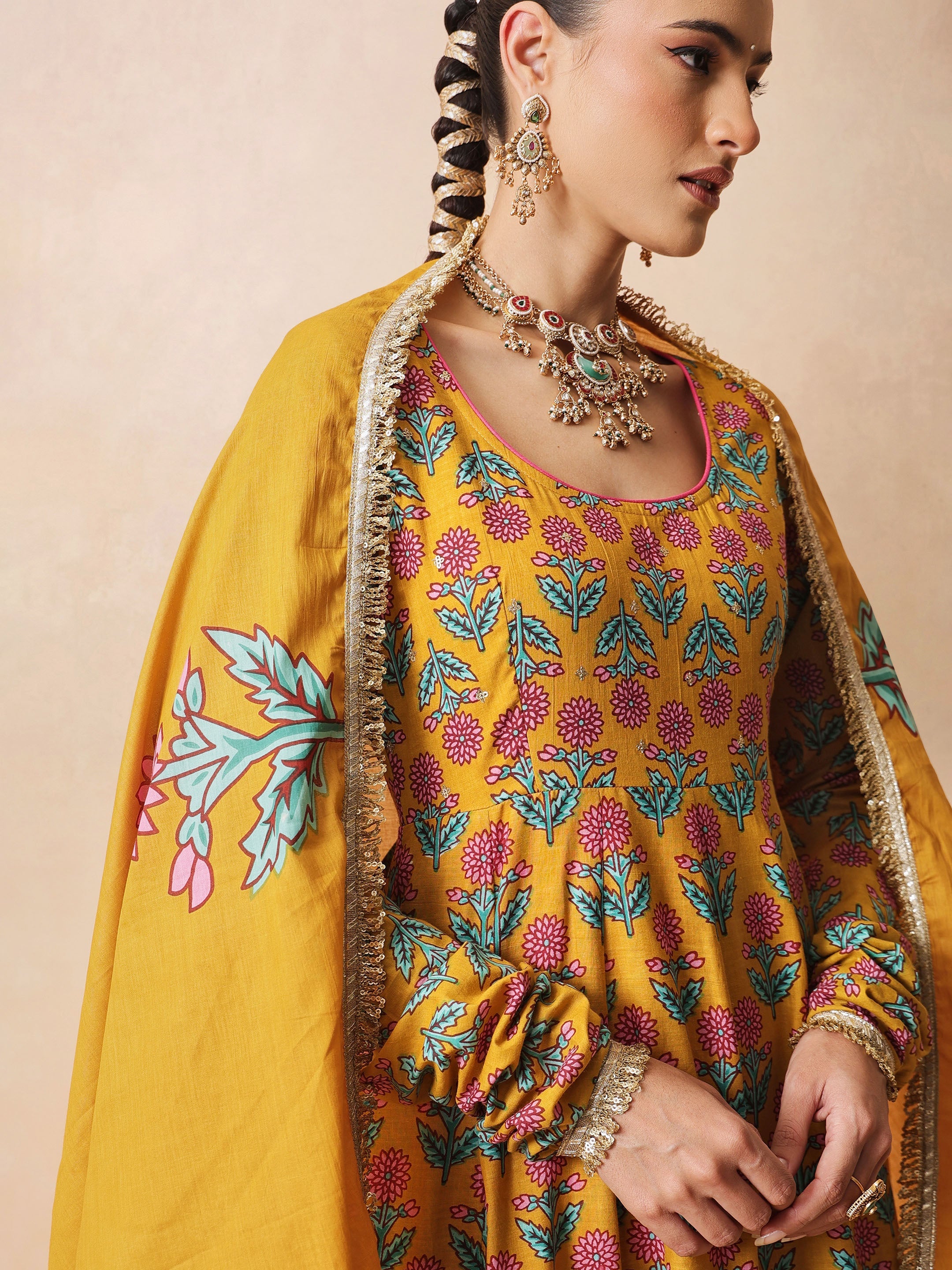DesiQlo Yellow Floral Cotton Anarkali Kurta With Pencil Pants & D