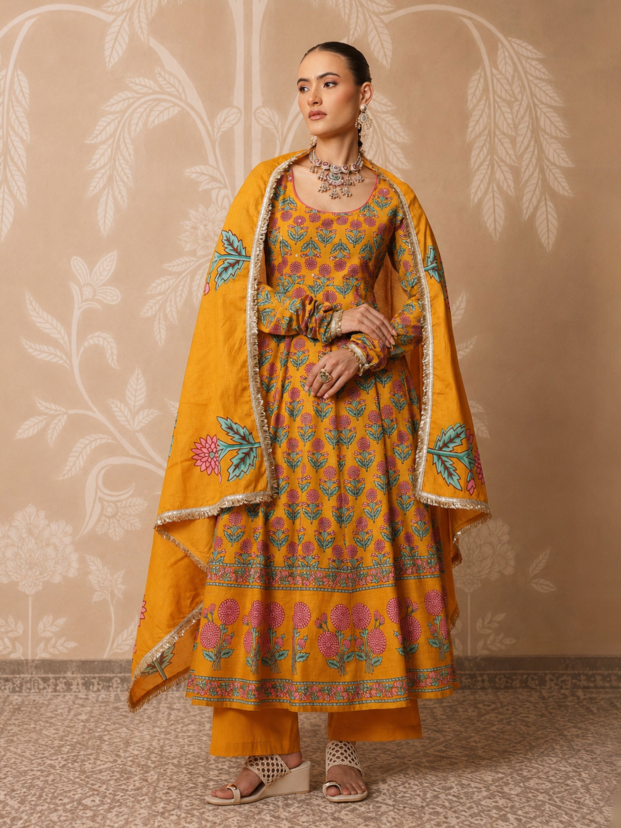 DesiQlo Yellow Floral Cotton Anarkali Kurta With Pencil Pants & D