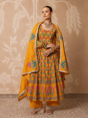 Women Yellow Floral Cotton Anarkali Kurta With Pencil Pants & Dupatta
