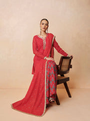 Women Red Embroidered Short Kurta With Sharara Pants & Dupatta