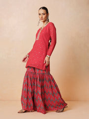 Women Red Embroidered Short Kurta With Sharara Pants & Dupatta