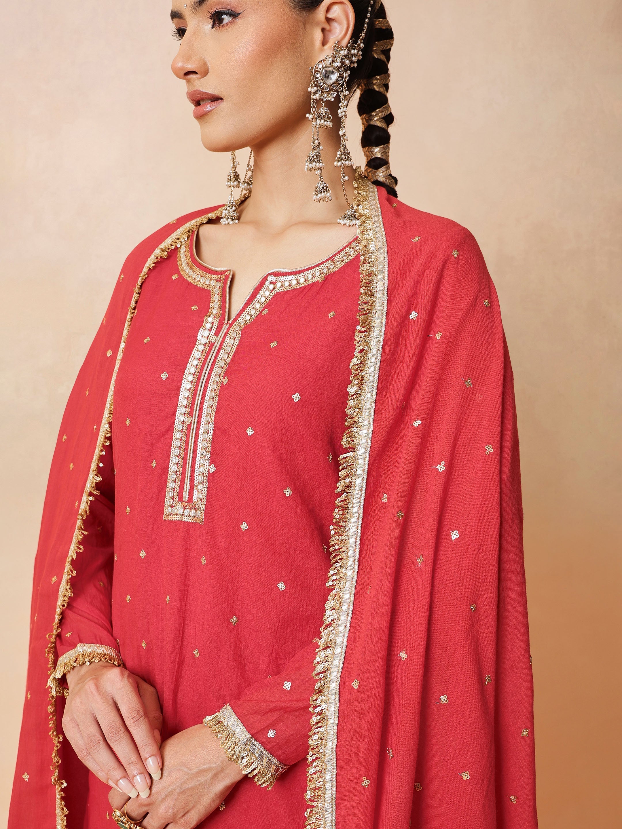 DesiQlo Red Embroidered Short Kurta With Sharara Pants & Dupatta 