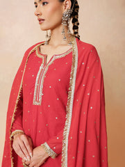 Women Red Embroidered Short Kurta With Sharara Pants & Dupatta