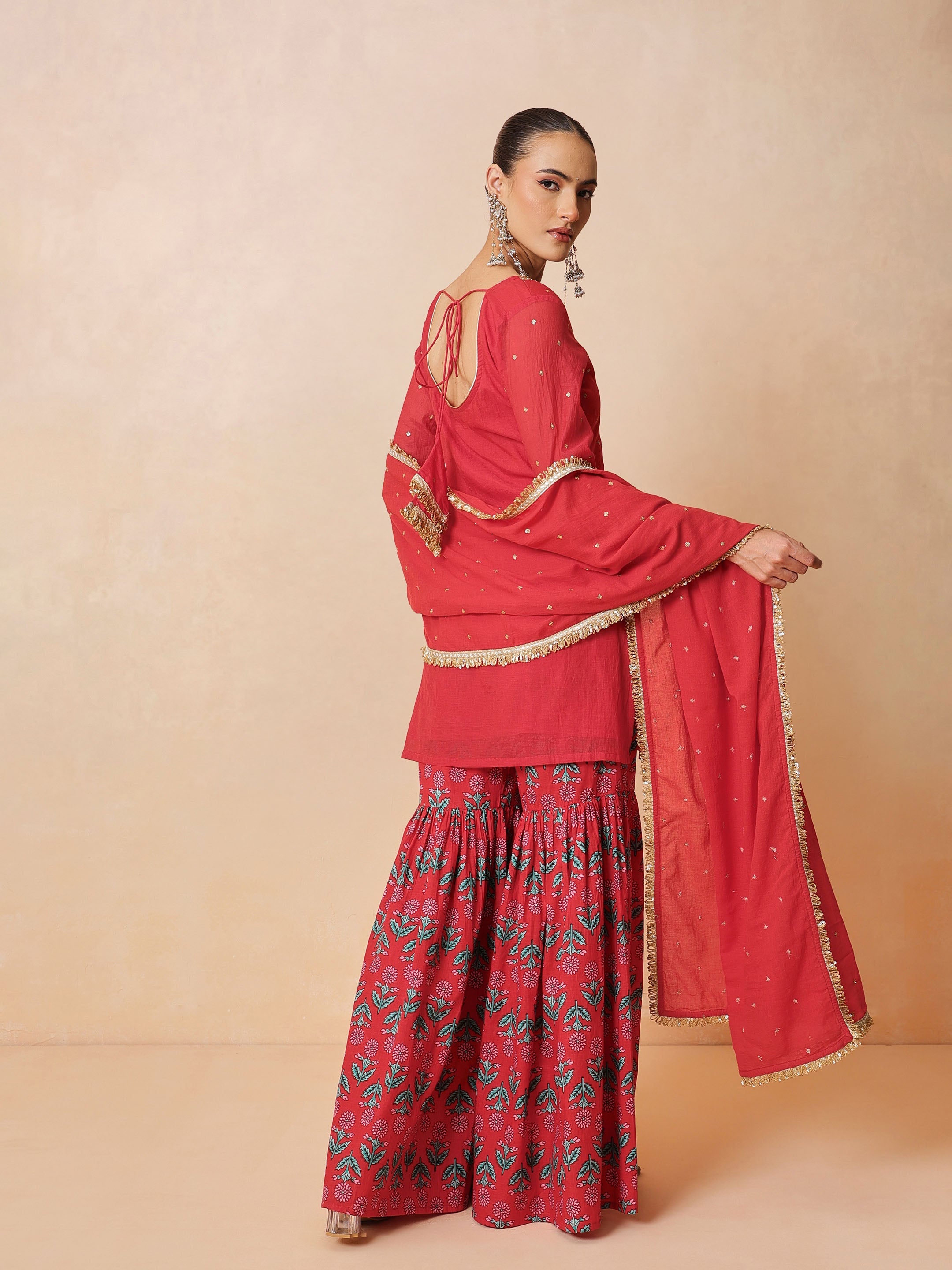 DesiQlo Red Embroidered Short Kurta With Sharara Pants & Dupatta 