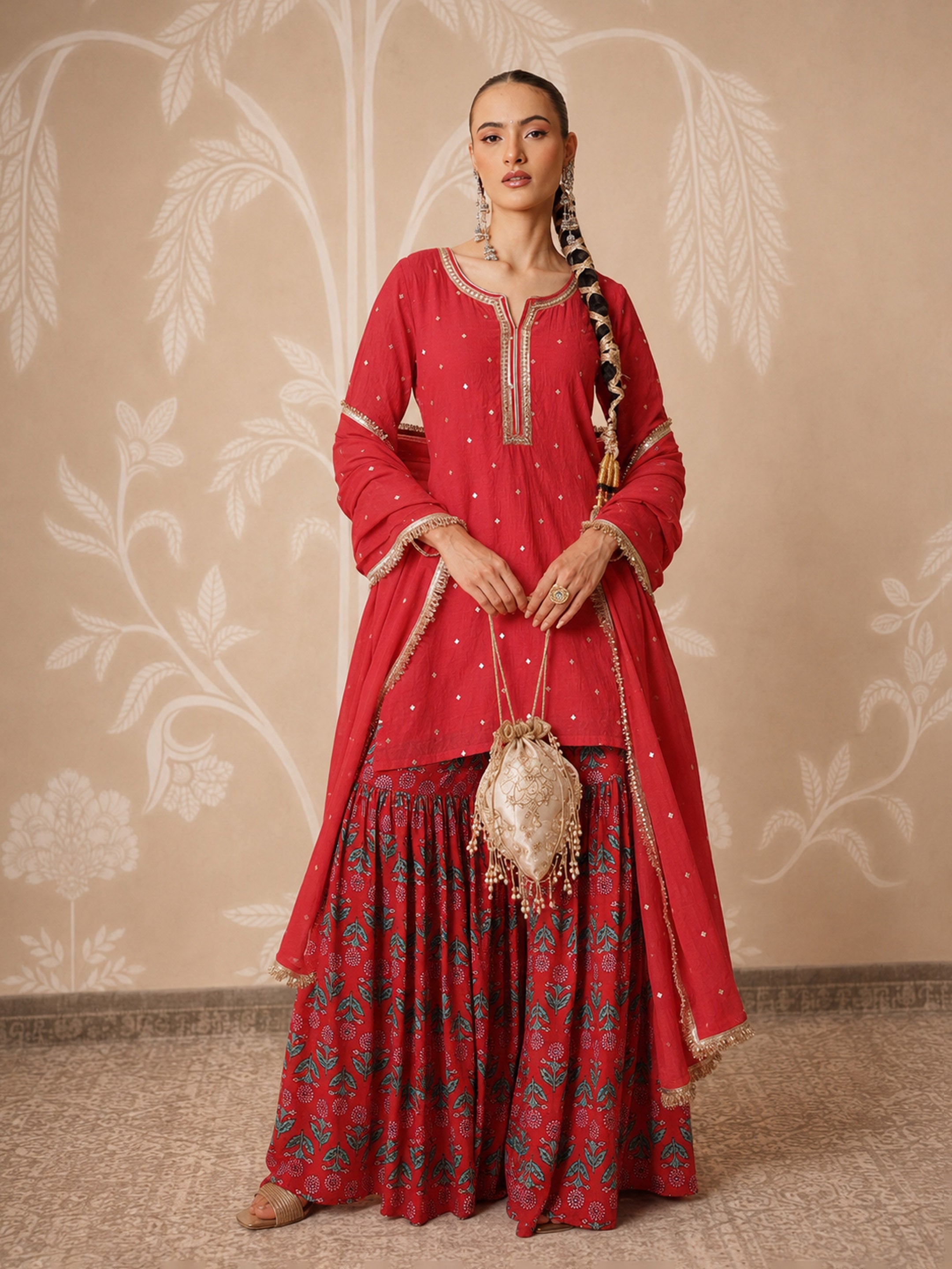 DesiQlo Red Embroidered Short Kurta With Sharara Pants & Dupatta 