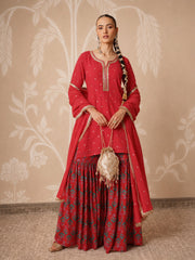 Women Red Embroidered Short Kurta With Sharara Pants & Dupatta