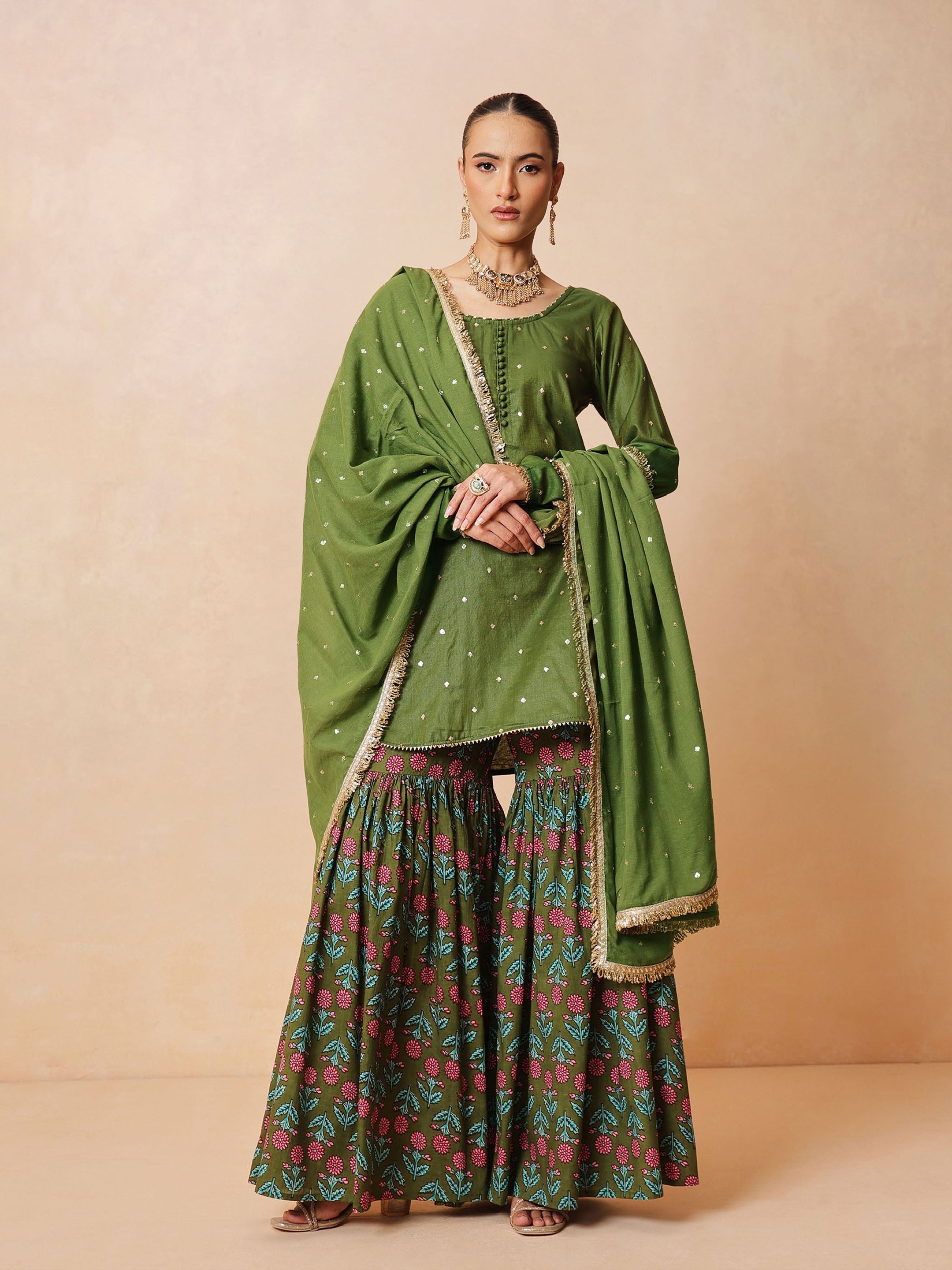 DesiQlo Olive Embroidered Short Kurta With Sharara Pants & Dupatt