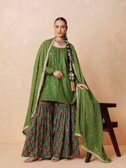 Women Olive Embroidered Short Kurta With Sharara Pants & Dupatta