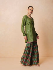 Women Olive Embroidered Short Kurta With Sharara Pants & Dupatta