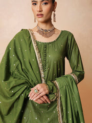 Women Olive Embroidered Short Kurta With Sharara Pants & Dupatta