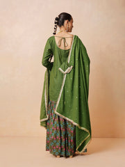 Women Olive Embroidered Short Kurta With Sharara Pants & Dupatta
