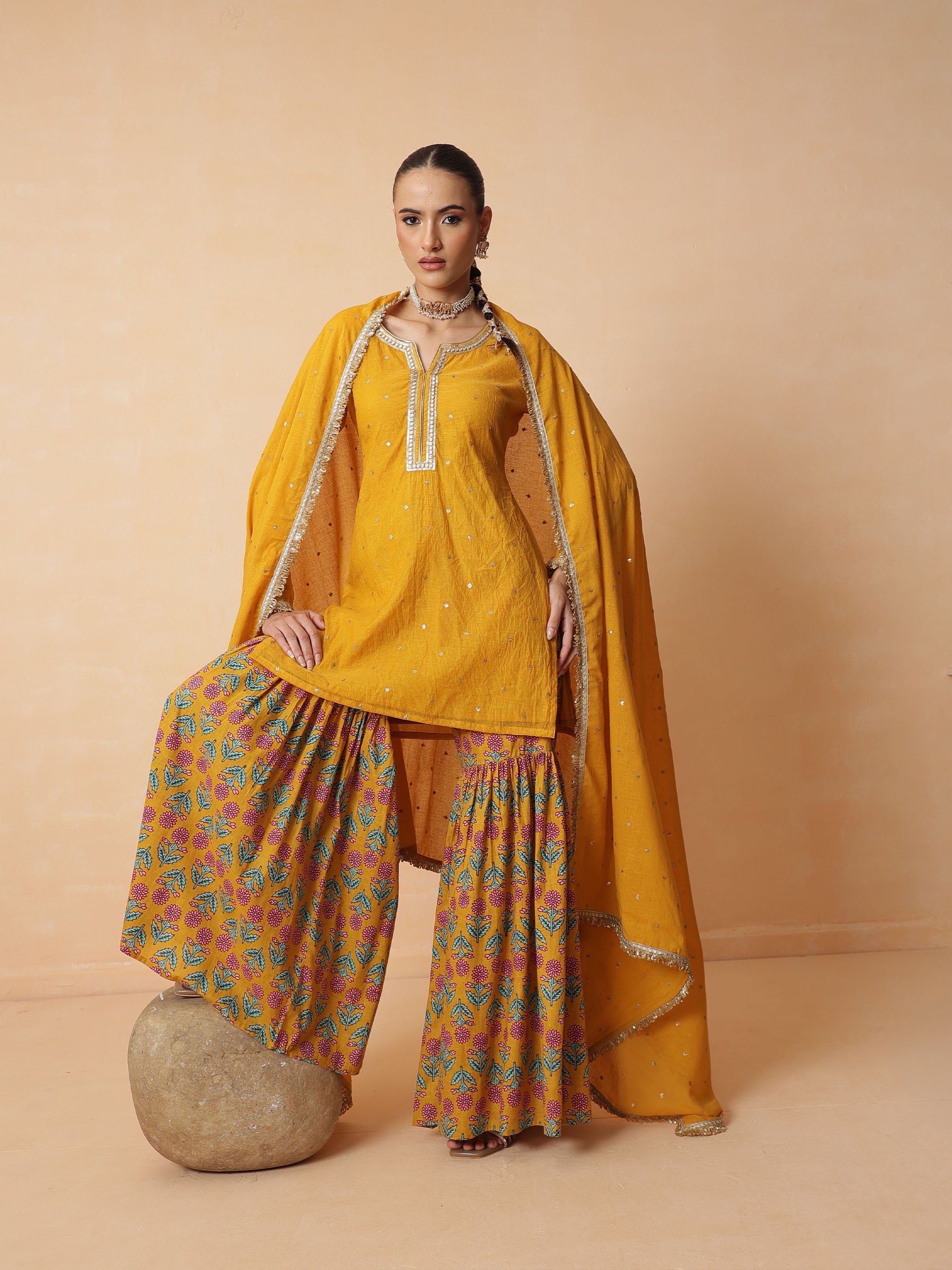 DesiQlo Yellow Embroidered Short Kurta With Sharara Pants & Dupat
