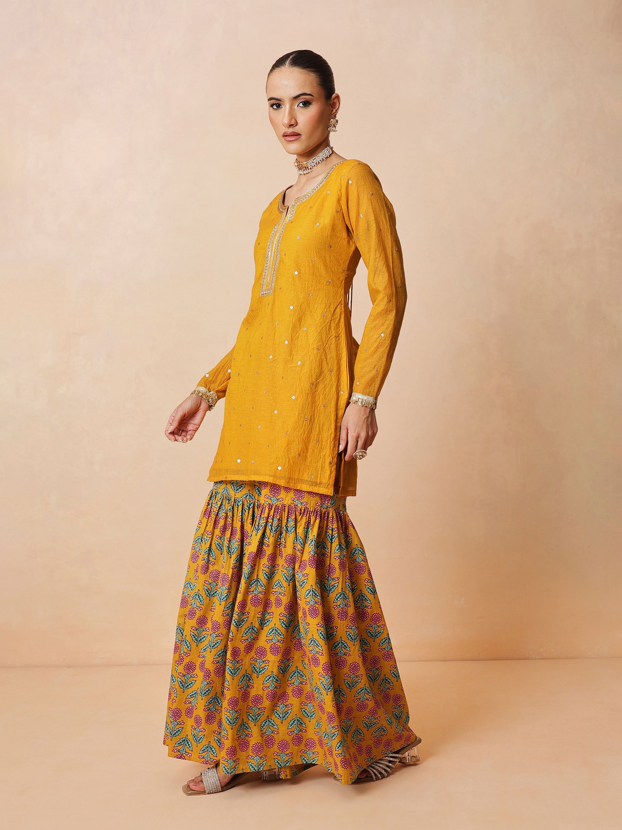 DesiQlo Yellow Embroidered Short Kurta With Sharara Pants & Dupat