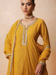 Women Yellow Embroidered Short Kurta With Sharara Pants & Dupatta