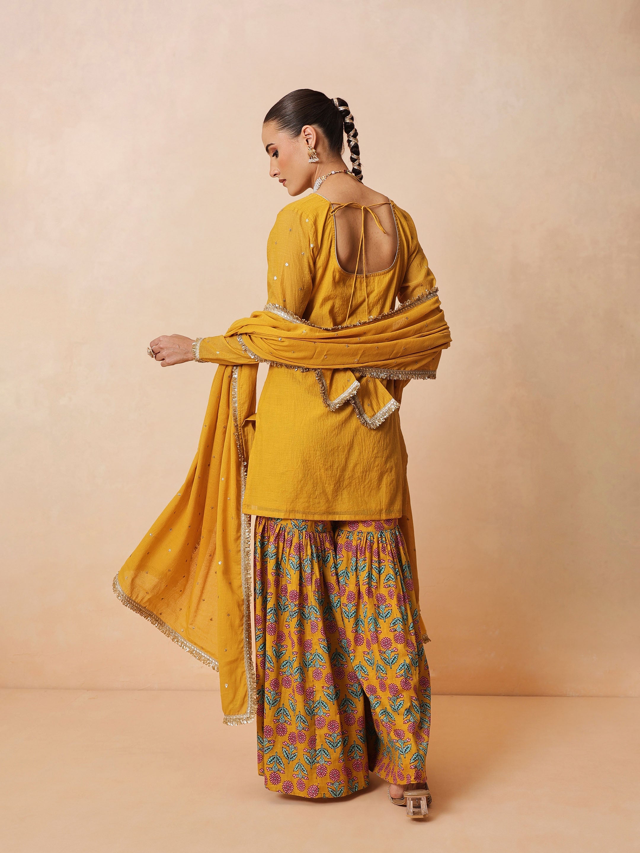 DesiQlo Yellow Embroidered Short Kurta With Sharara Pants & Dupat