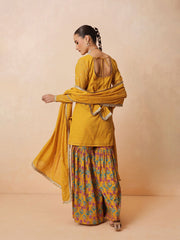 Women Yellow Embroidered Short Kurta With Sharara Pants & Dupatta