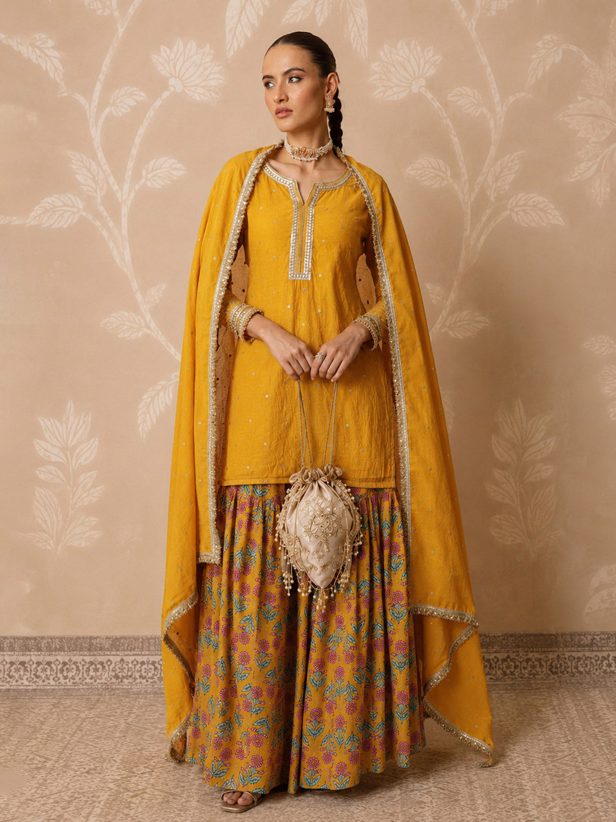 Women Yellow Embroidered Short Kurta With Sharara Pants & Dupatta