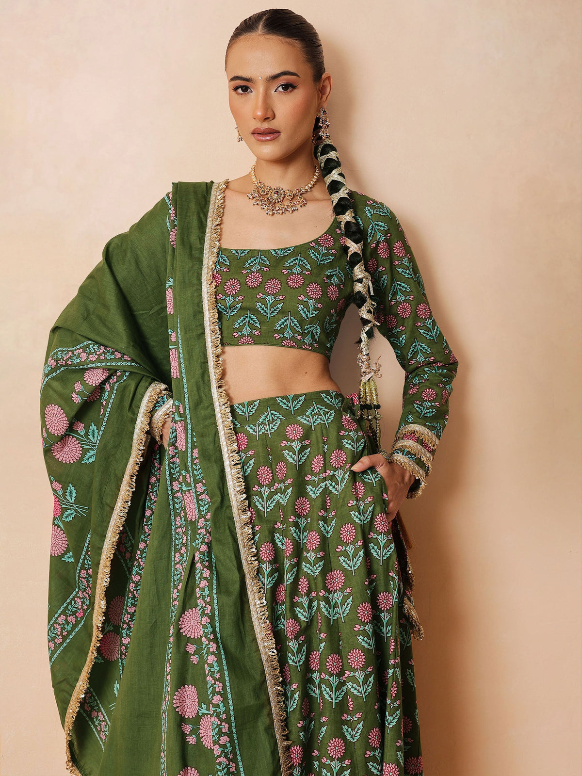 Women Olive Floral Round Neck Crop Top With Anarkali Skirt & Dupatta