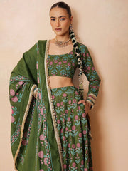 Women Olive Floral Round Neck Crop Top With Anarkali Skirt & Dupatta
